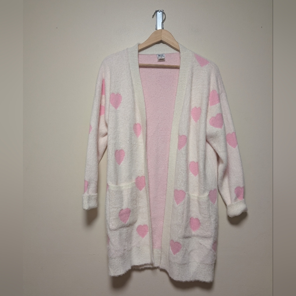 BMG Heart Print Fuzzy Knit Cardigan Pink Ivory Size L